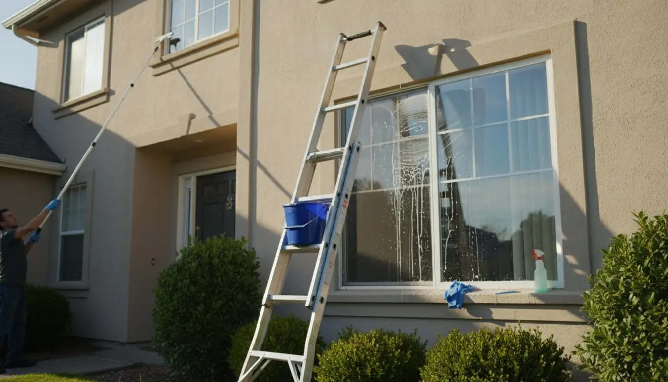 Udvendig pudsning af vinduer på en to-etagers villa med stige, forlængerskaft og sæbebøtte, ingen ansigter synlige.