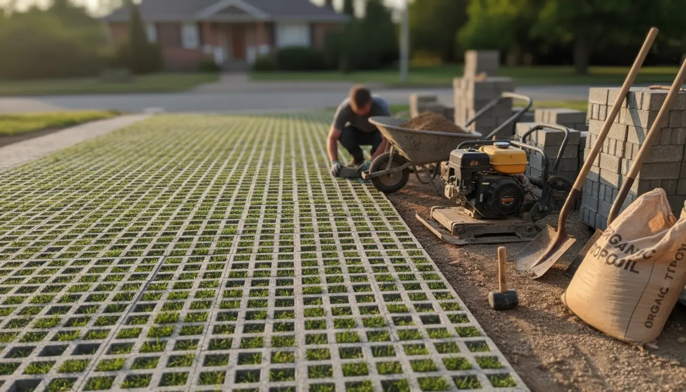 Delvist færdig indkørsel med græsarmeringsfliser, værktøj og græs i flisemønsteret i blødt naturligt lys.