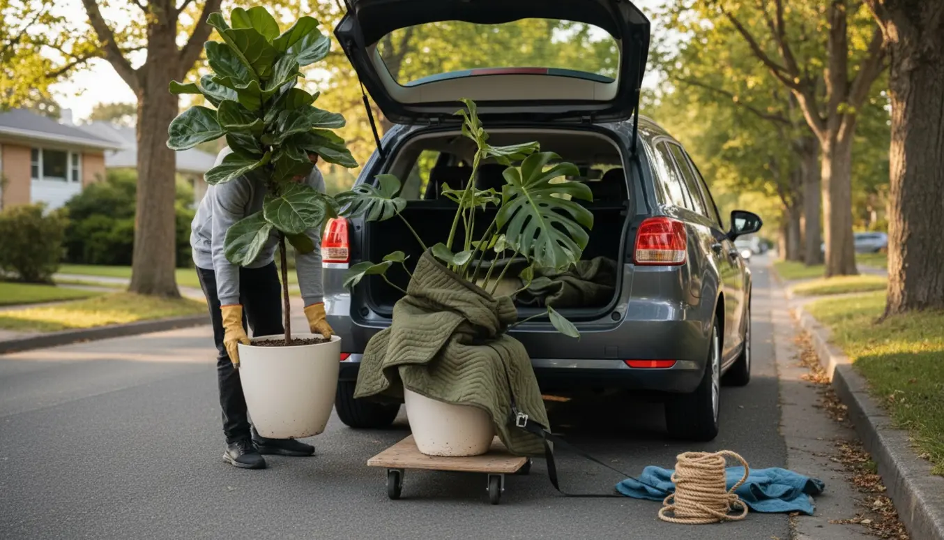 To store krukkeplanter bliver løftet ind i bilens bagagerum på en stille, grøn villavej.
