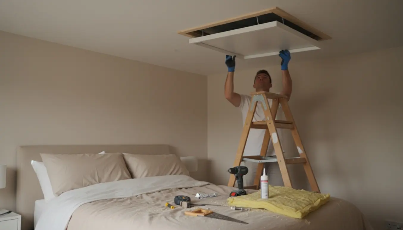 Ny isoleret loftlem monteres i soveværelsets loft med stige, værktøj og pæn afslutning.