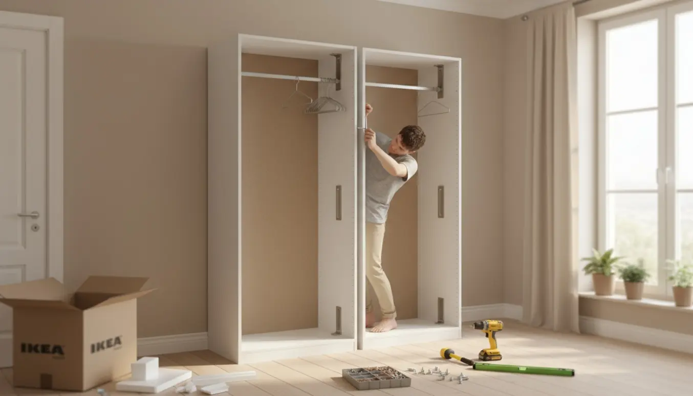 Halvmonteret garderobeskab i et soveværelse med værktøj og monteringsdele spredt omkring.