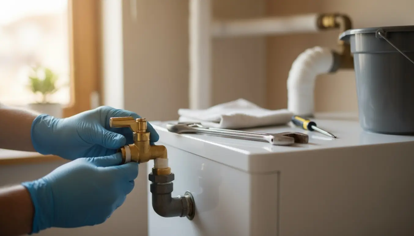 Nærbillede af udskiftning af en sikkerhedsventil på en varmtvandsbeholder med værktøj og handsker.