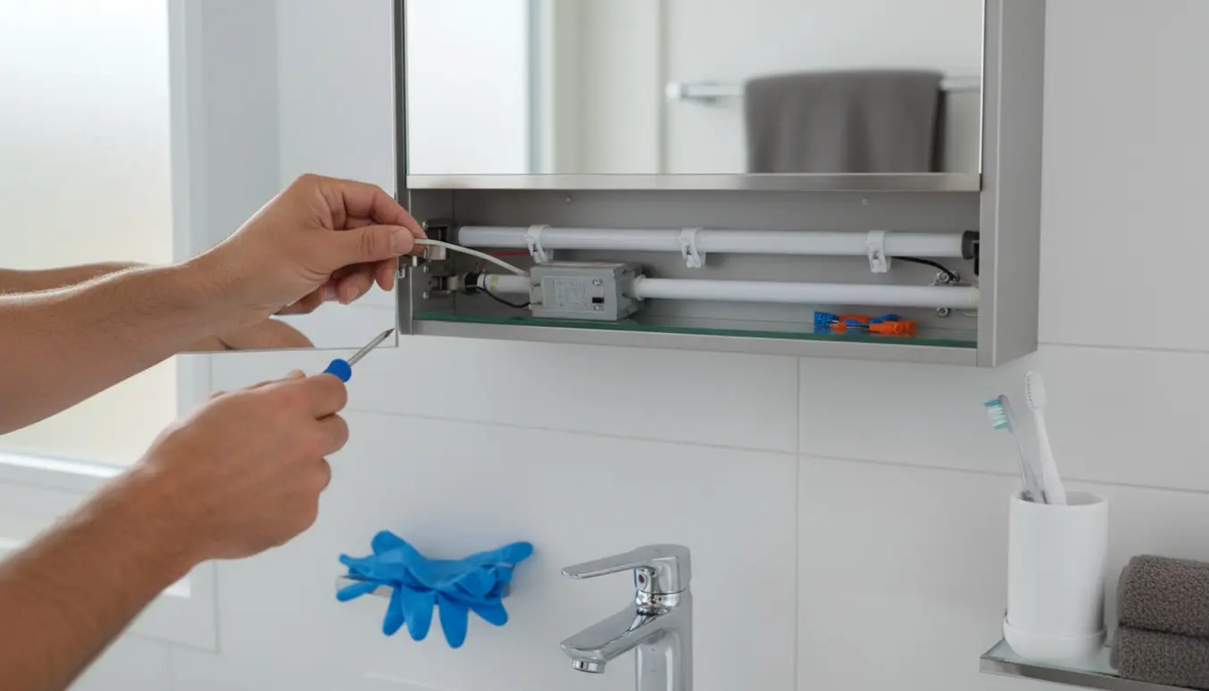 Nærbillede af hænder, der udskifter ballast og isætter nye LED-rør i et åbent badeværelsesskab.