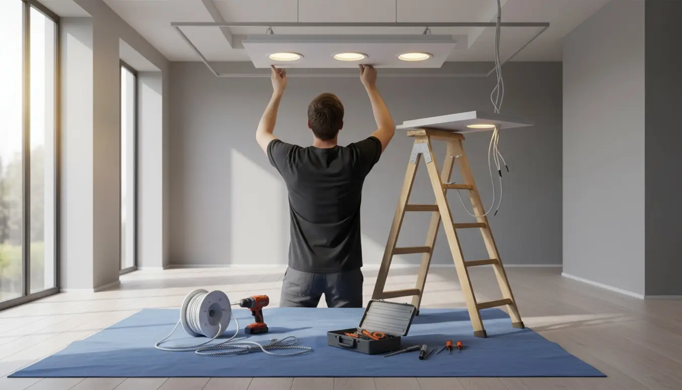 Elektriker monterer tre loftspaneler med tre indbygningsspots hver, med værktøj og ekstra ledning ved siden af.