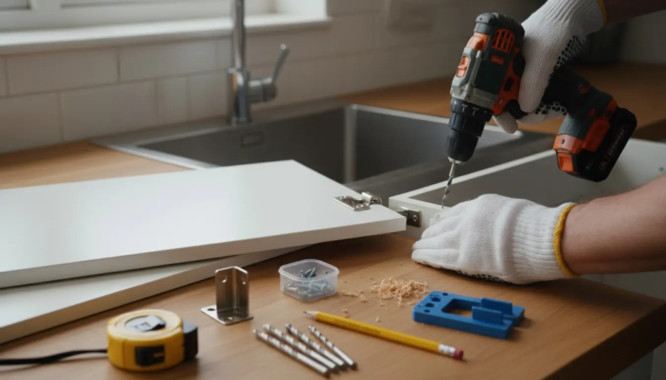 Hænder borer nye huller til hængsler, mens to køkkenlåger udskiftes i et ældre køkken.