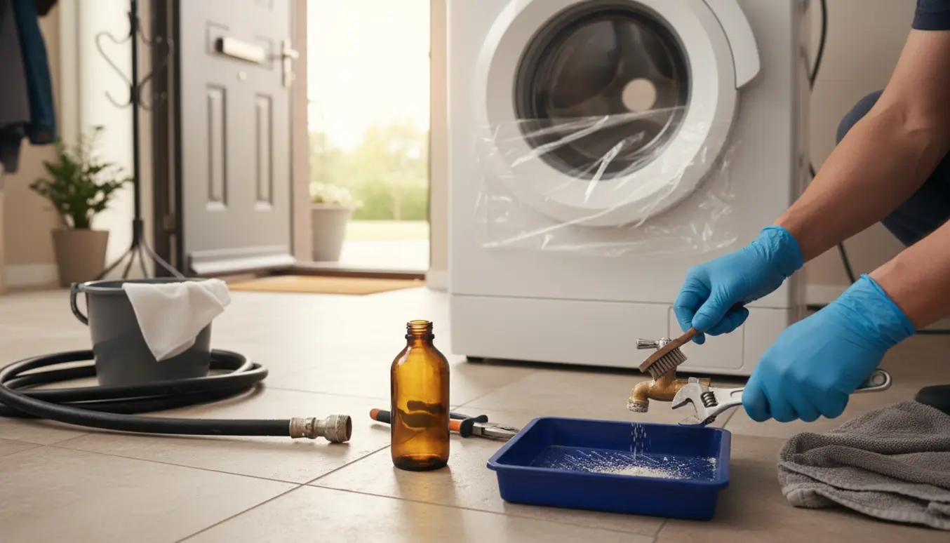 Hænder fjerner kalk fra en vandhane mens en ny vaskemaskine står i døren.