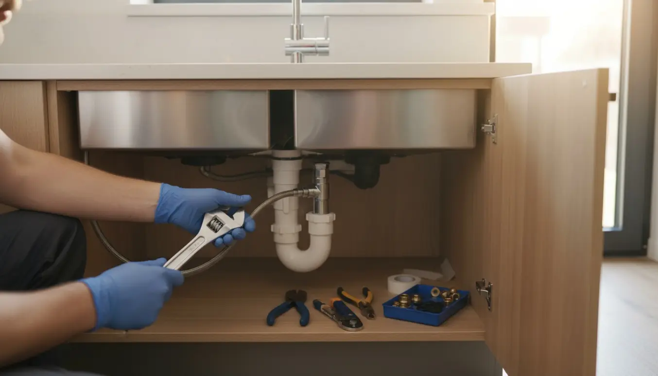 Nærbillede af en VVS-installation under køkkenvasken med flexslanger og plastikafløb til et nyt armatur.