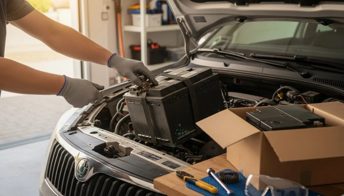 Hænder udskifter et bilbatteri under åben motorhjelm i en garage med nyt batteri og værktøj ved siden af.