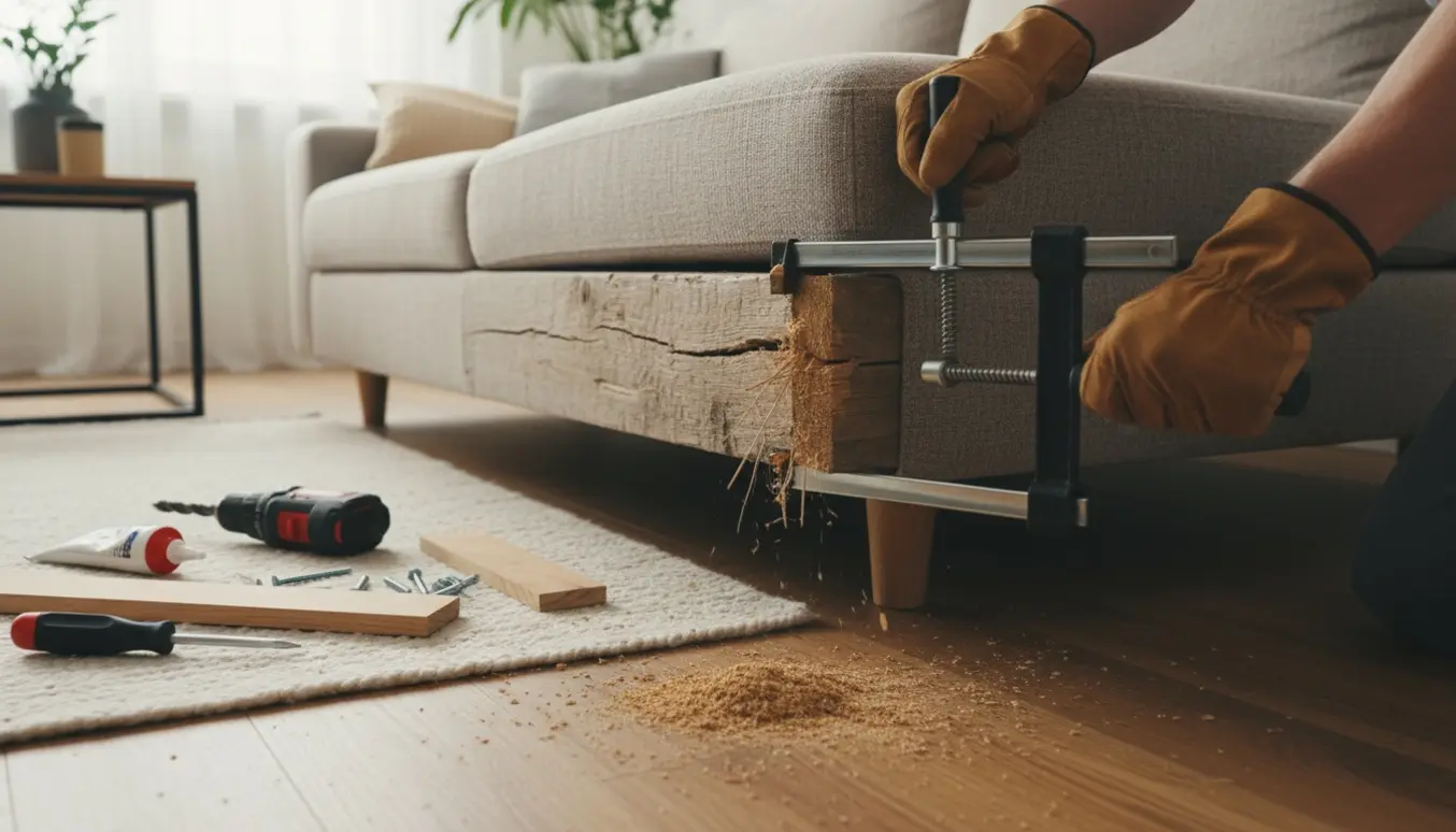 Sofa med flækket træramme under sædet og værktøj klar til reparation.