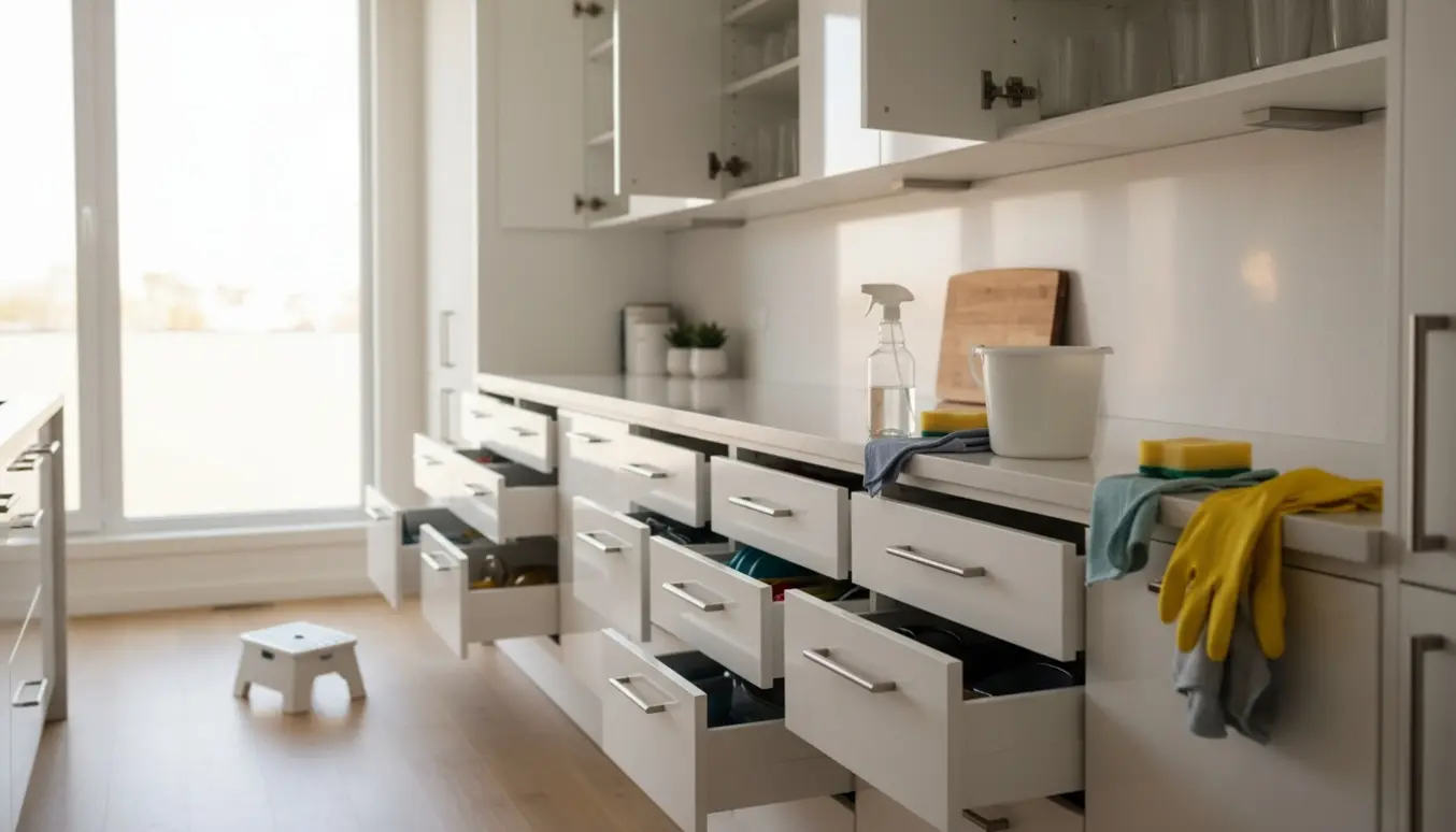 Nærbillede af handskerede hænder, der tørrer et køkkenskab med microfiberklud foran en række åbne skabe og skuffer.