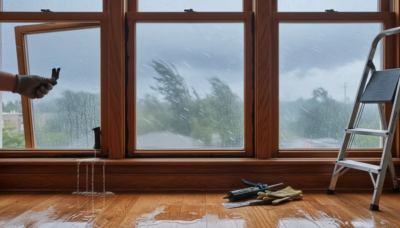 Regnvand trænger ind gennem en lille revne i mahognirammerne ved tre vinduespartier, med gammel sort fuge, værktøj og en stige ved siden af.