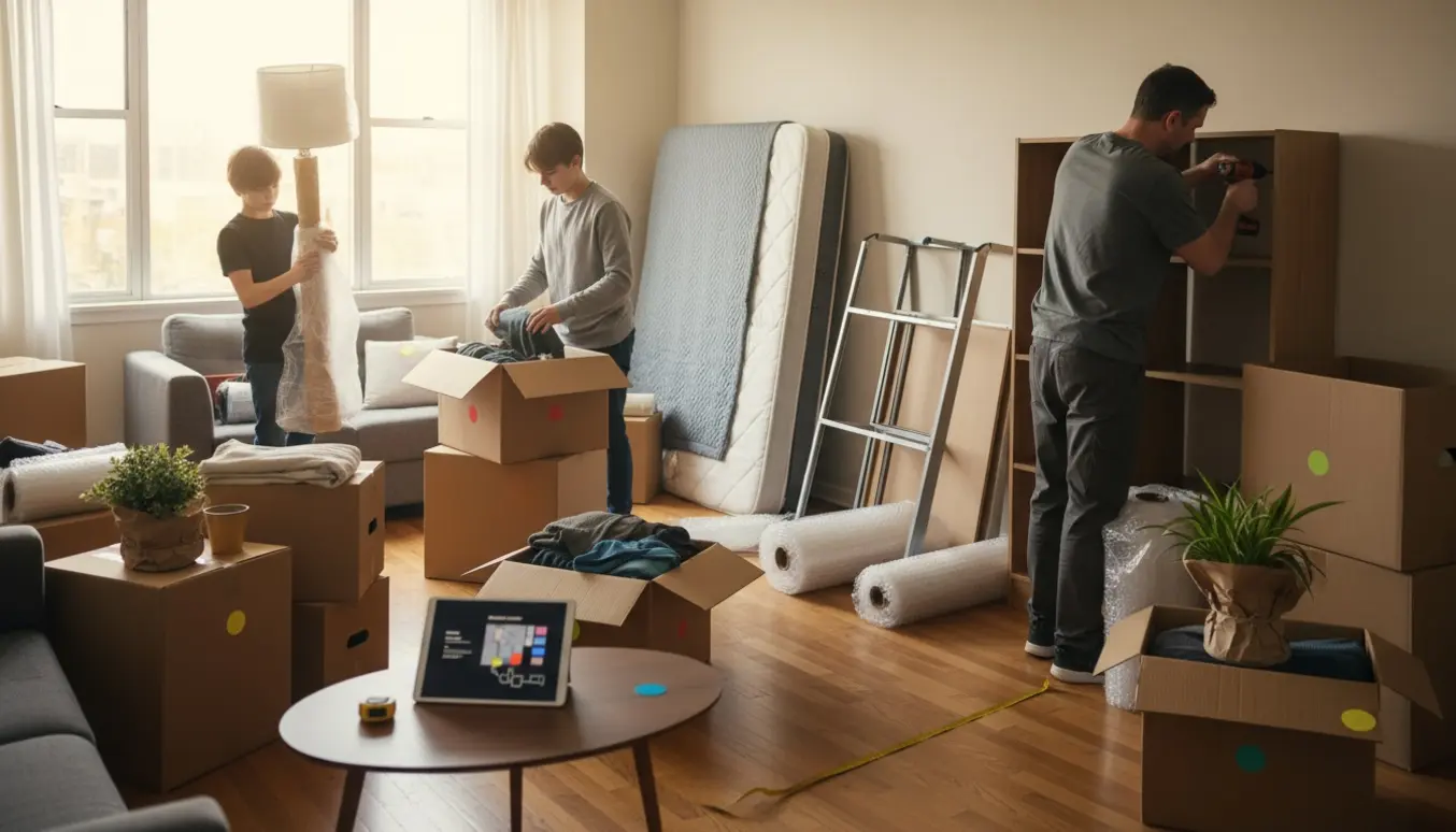 En familie pakker flyttekasser og nedtager møbler i en solbeskinnet lejlighed under en privat flytning.