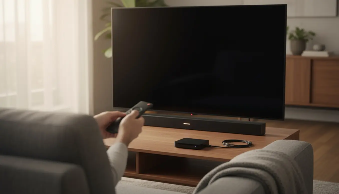 Fjernsyn med sort skærm i en stue, en hånd holder en fjernbetjening foran TV'et.