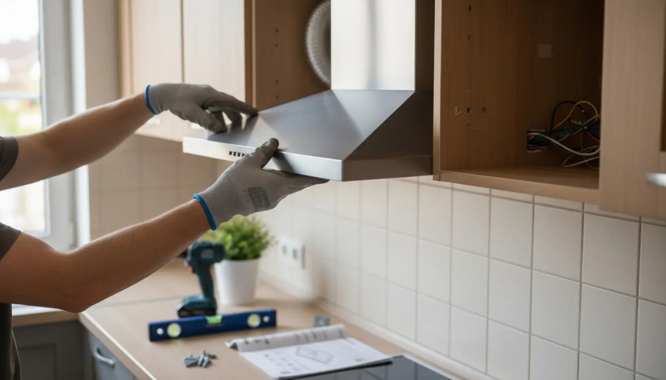 Montering af en ny 60 cm rustfri indbygningsemhætte i et åbent køkkenskab, kun hænder synlige.