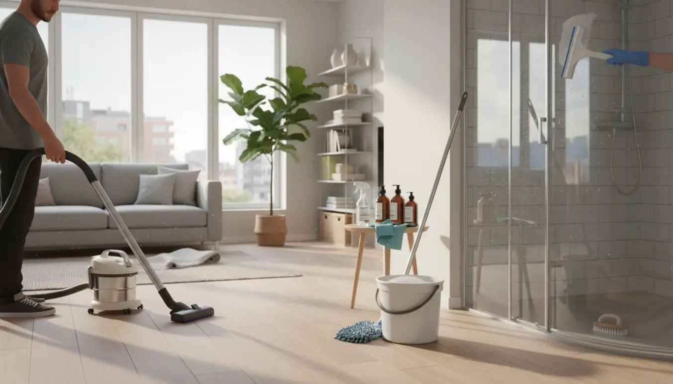 Lys skandinavisk lejlighed med hænder, der støvsuger og vasker gulvet, og et skinnende badeværelse i baggrunden.