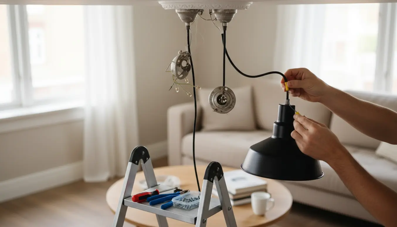 Hænder hænger en ny loftslampe i stuen ved hjælp af en stige og værktøj.