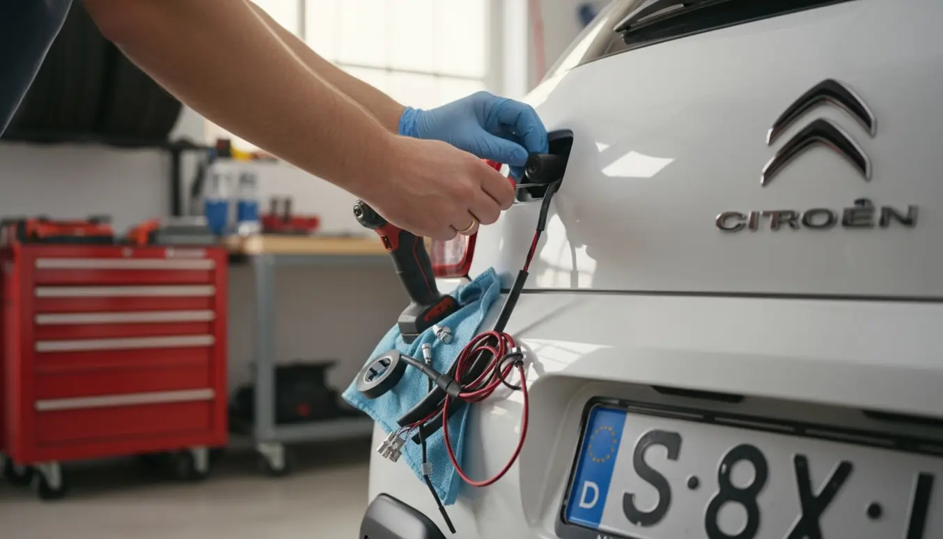 Hænder monterer et bakkamera på bagenden af en Citroën C3 med værktøj og ledninger i fokus.