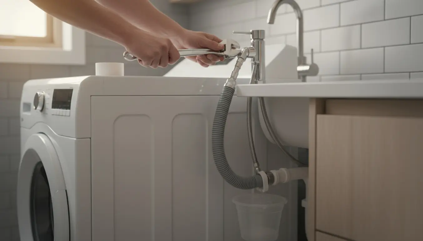 Nærbillede af hænder, der tilslutter vand- og afløbsslanger fra en vaskemaskine til badeværelsesvasken.