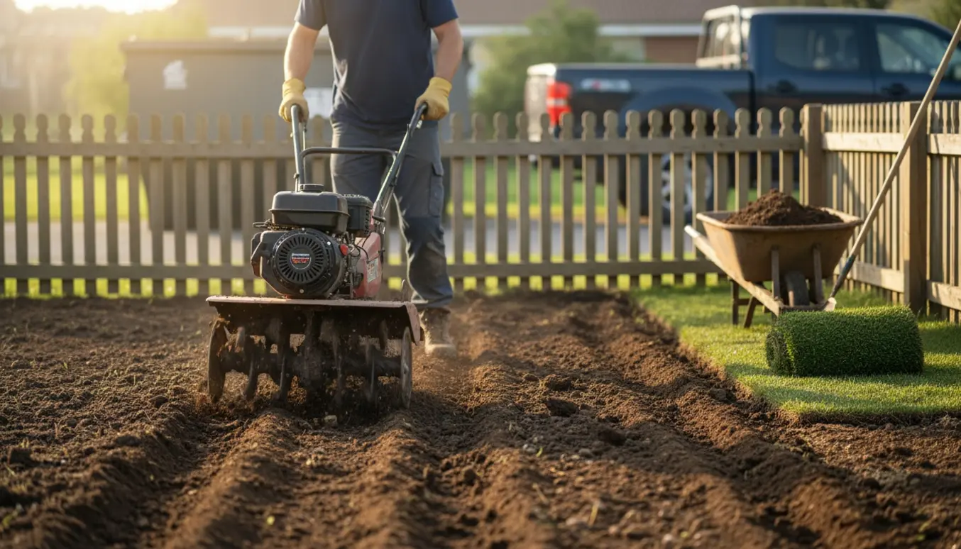 En baghave, hvor en jordfræser vender jorden, med værktøj og rullegræs i baggrunden.