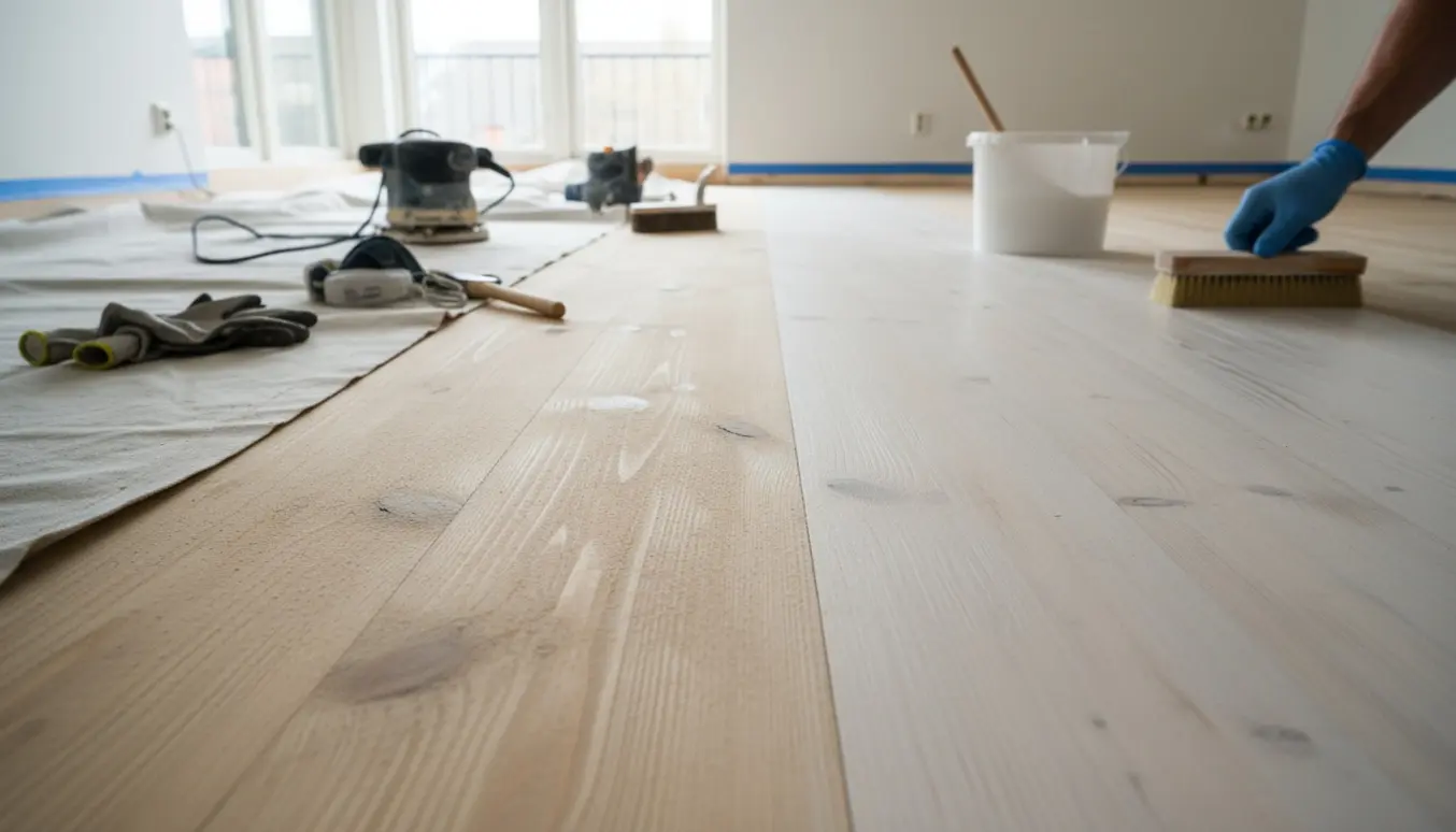 Nyslebet fyrretræsgulv delvist ludbehandlet i en lys Valby-lejlighed med værktøj i forgrunden.