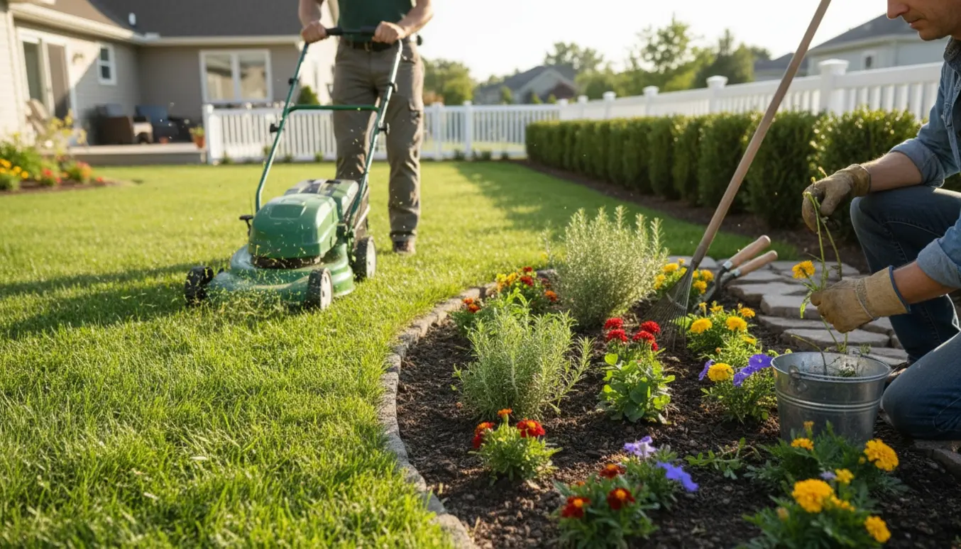Person slår græs med plæneklipper mens andre trækker ukrudt i en solbeskinnet have.
