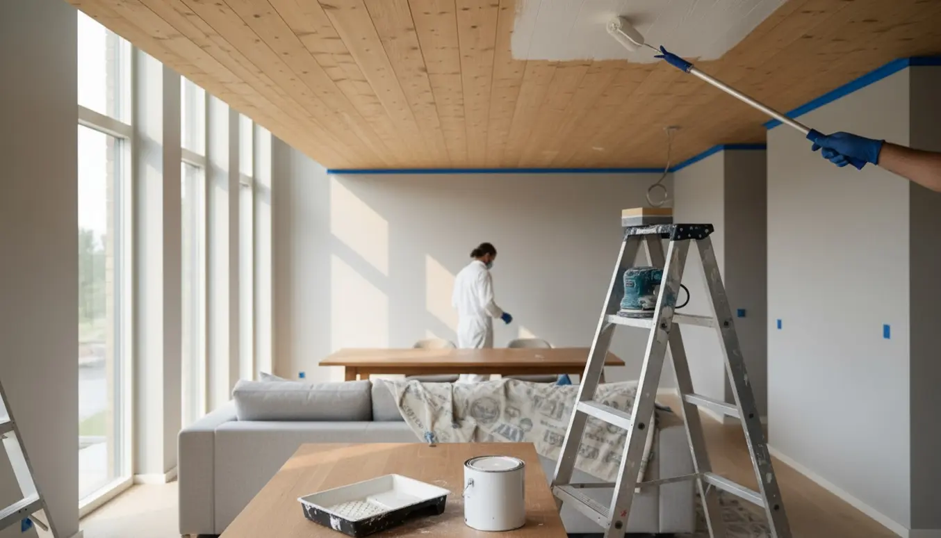 En handskeagtig hånd ruller hvid grundmaling på et slebet træloft i en stue med afdækkede møbler.