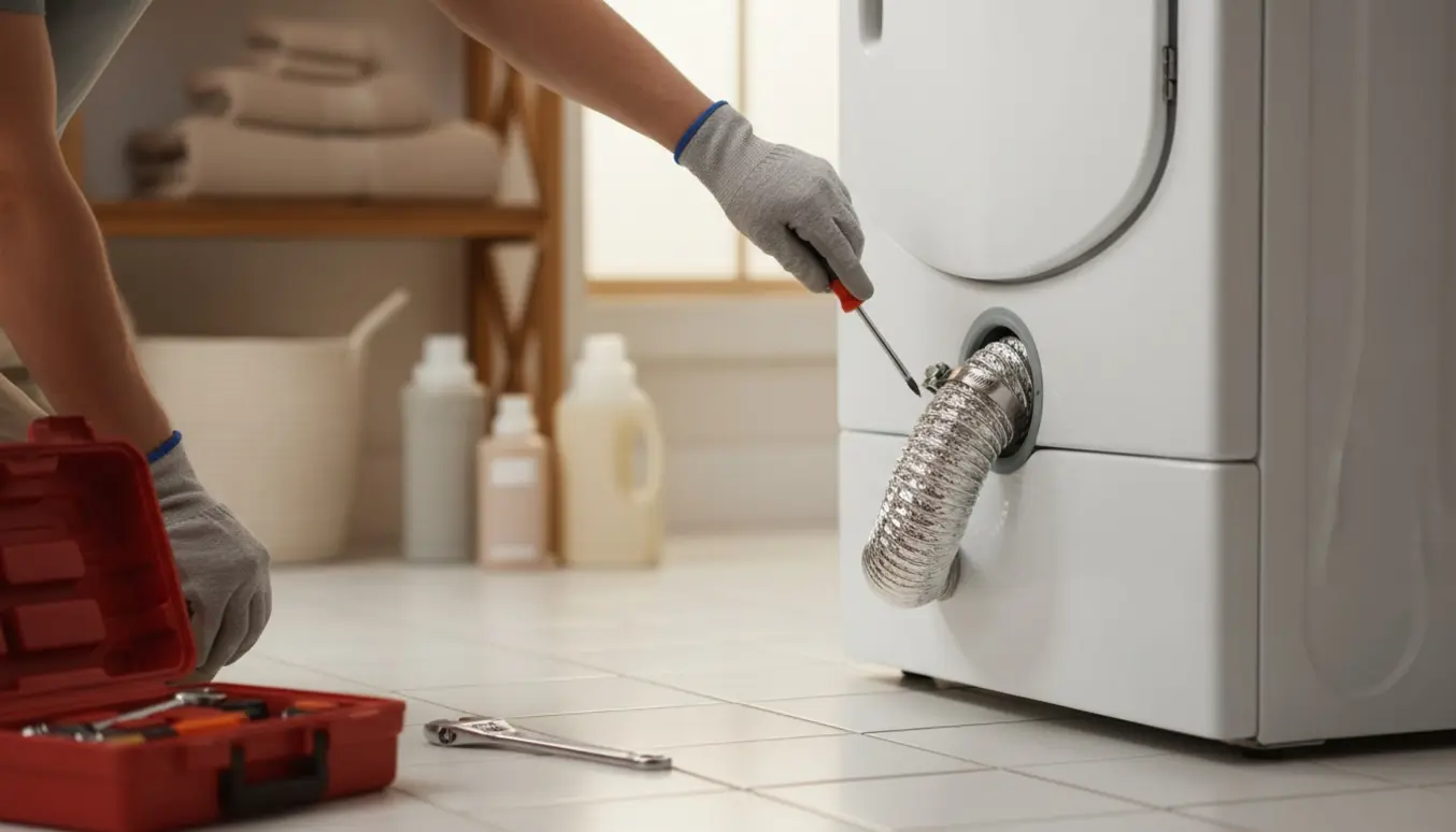 Hænder tilslutter en fleksibel aftrækslange til en hvid tørretumbler i et lyst vaskerum.