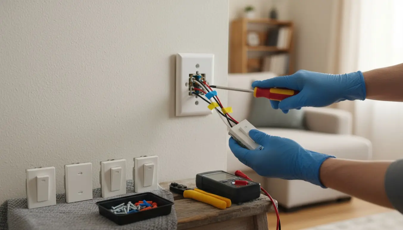 Nærbillede af handsker, der udskifter en vægkontakt med skruetrækker og nye kontakter ved siden af.