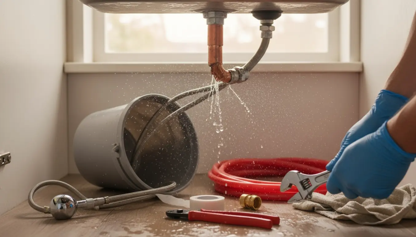 Undersiden af en køkkenvask med et knækket vandrør, vand der drypper i en spand og blikkenslagerværktøj klar til reparation.