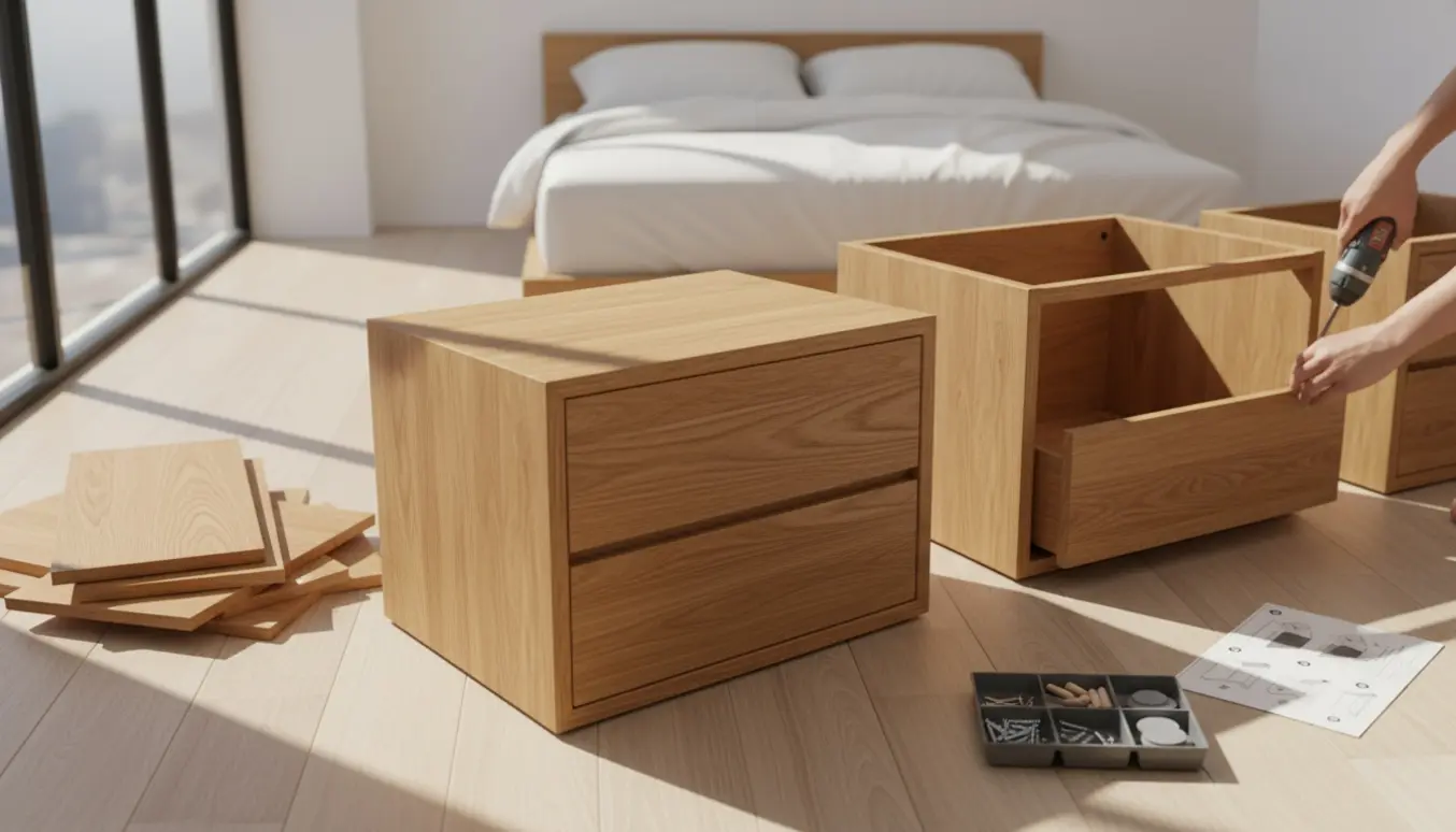 Nærbillede af montering af fire sengeborde i egetræsfinér med værktøj i et lyst soveværelse.