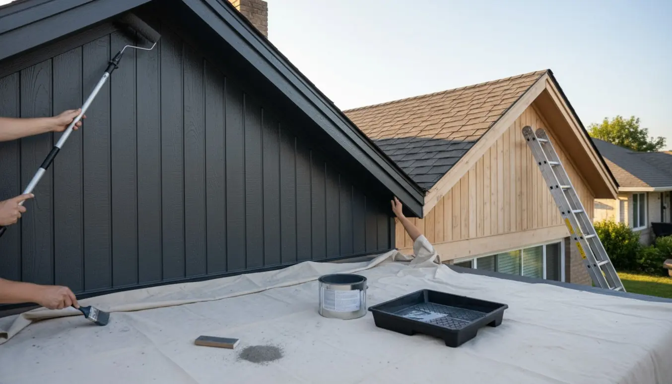 Nærbillede af maling af gavl på et enplanshus med antracitgrå træbeskyttelse og værktøj i forgrunden.