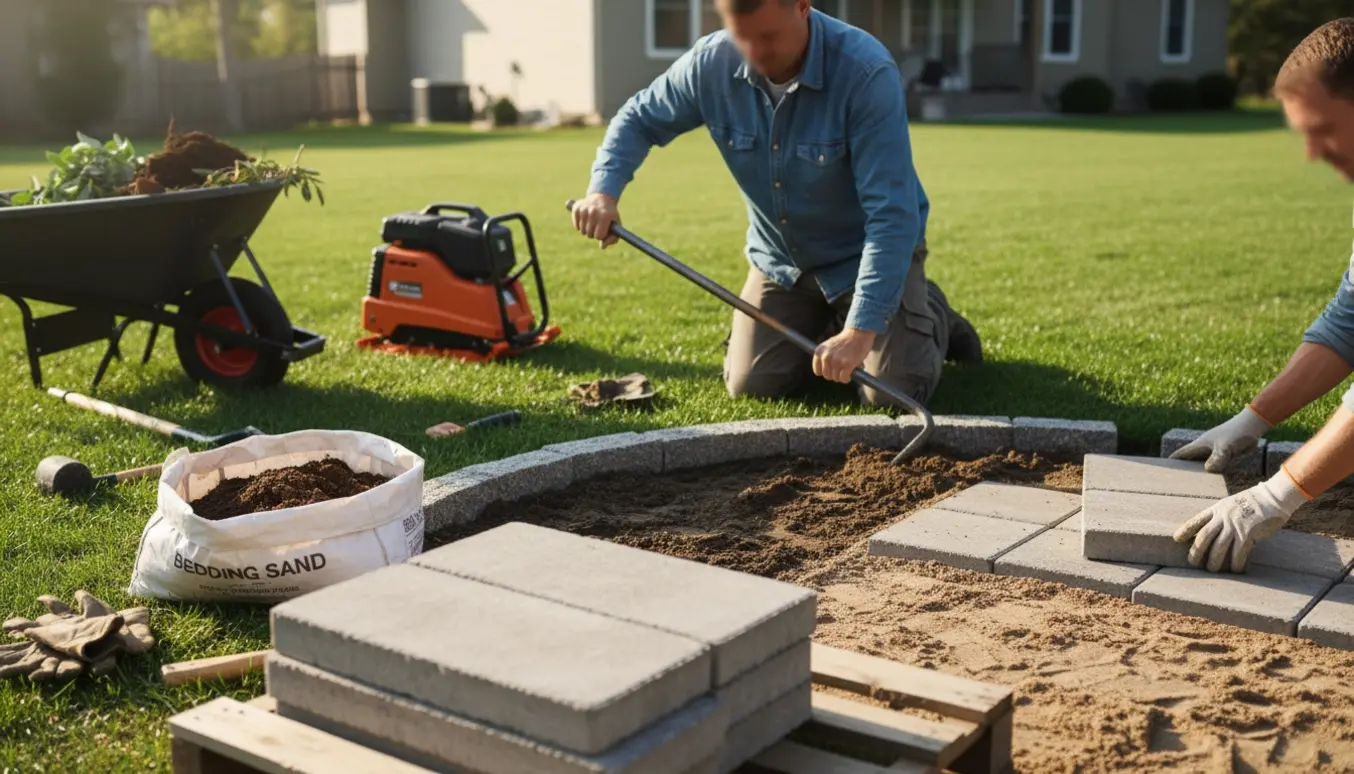 Arbejder fjerner blomsterbed og granitkant for at lægge fliser, med stabler af fliser og værktøj i forgrunden.