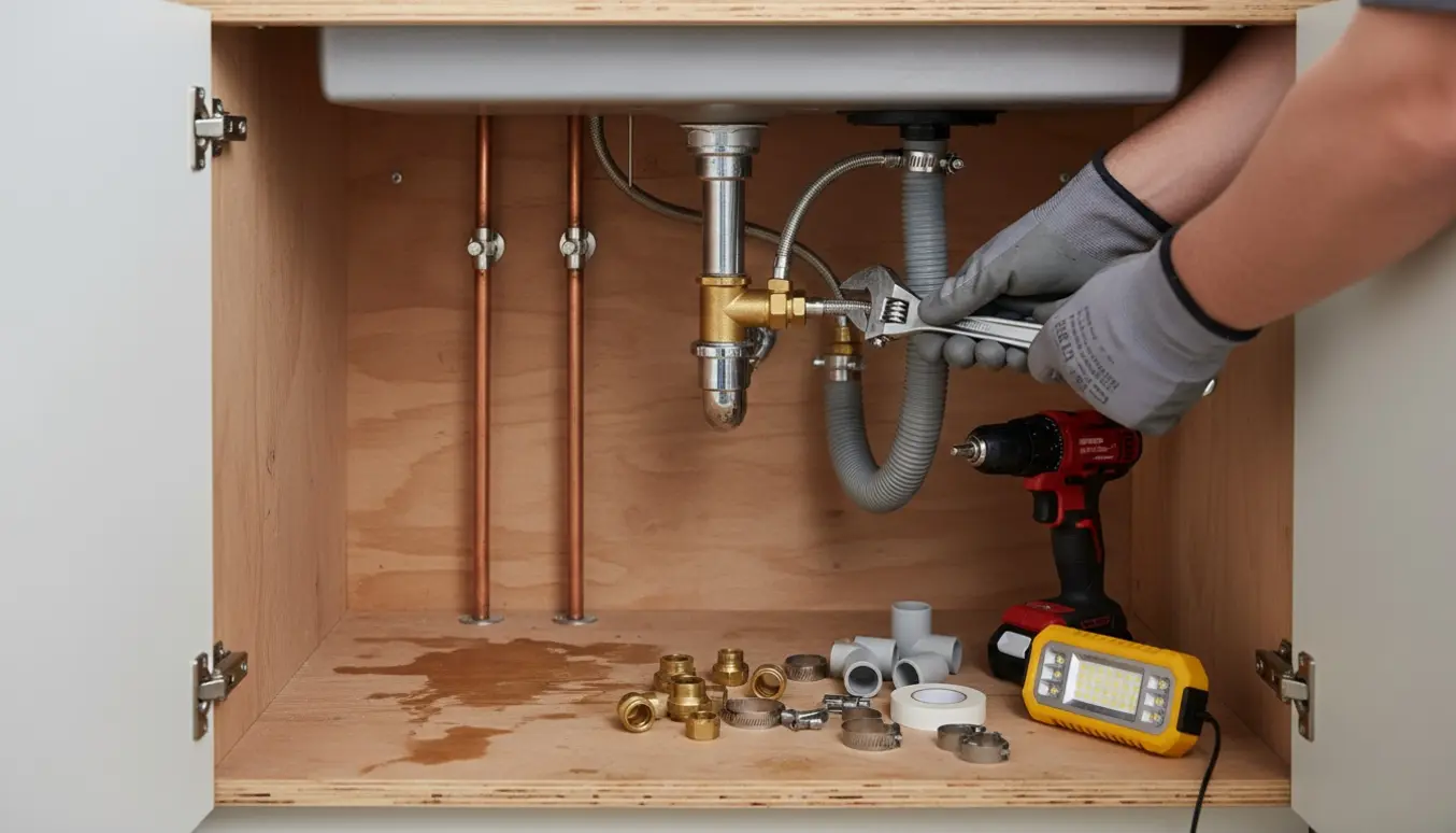 Åbent underskab ved vask med håndværkerhænder, der tilslutter vand- og afløbsslanger til en bordopvaskemaskine.