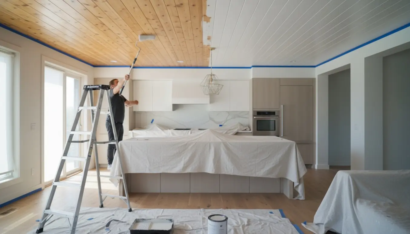 Halvt grundmalet fyrretræsloft i et lyst køkken-alrum med malerværktøj og afdækning.