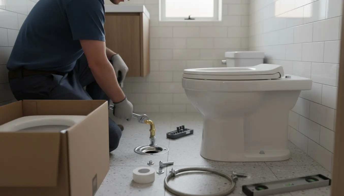 VVS-montør udskifter et toilet i et smalt badeværelse med nyt toiletskål og synlige fittings.
