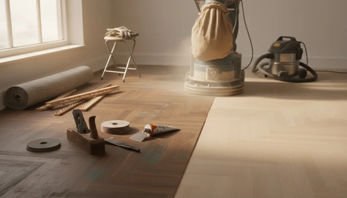 Gulvslibning af cirka 10 m² parketgulv med slibemaskine, synlige farvepletter og friskslibede planker i naturligt lys.