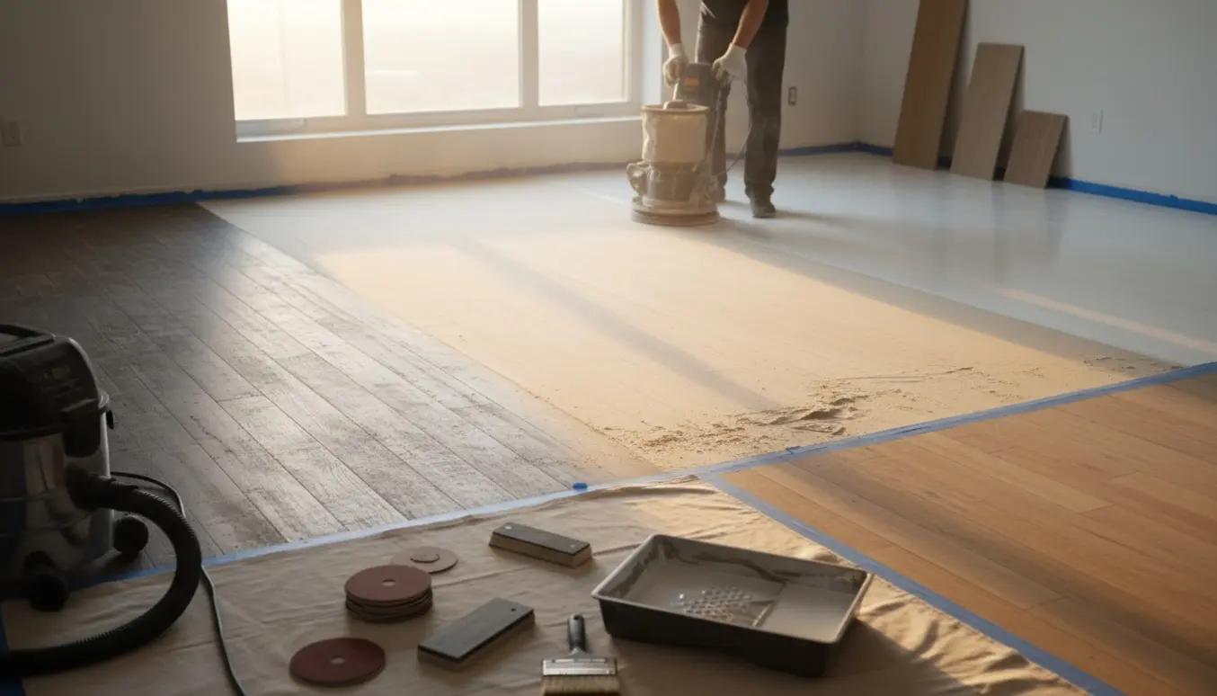 Delvist slebet trægulv i en lys stue med hvidlakeret sektion og værktøj.