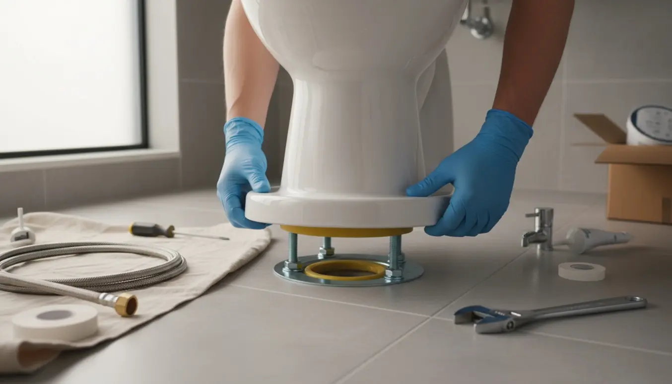 Nyt toilet monteres på flisegulv med håndværkerhænder og værktøj.