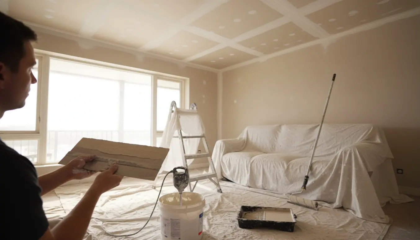 Fuldtspartling af gipsloft i lys stue med spartel, spand og malerudstyr.