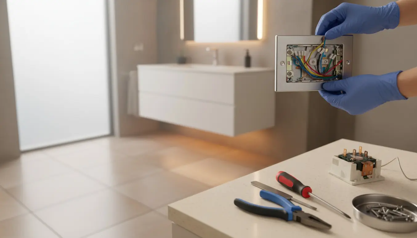 Nære hænder udskifter en termostat og en slidt lysdæmper i et lyst badeværelse.