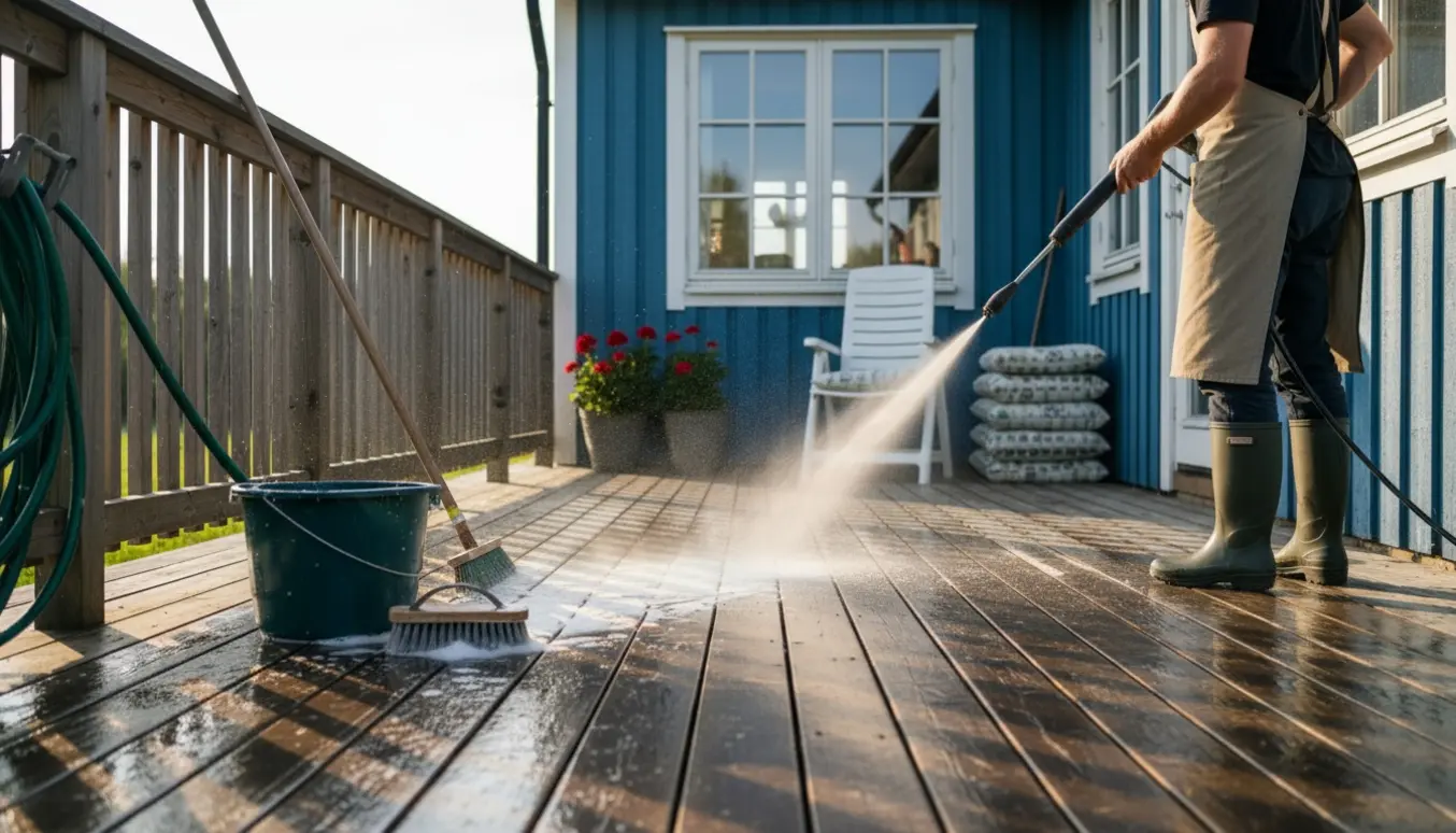 Terrasse ved et sommerhus, hvor en person uden synligt ansigt højtryksspuler træterrassen og rengør udendørs møbler.