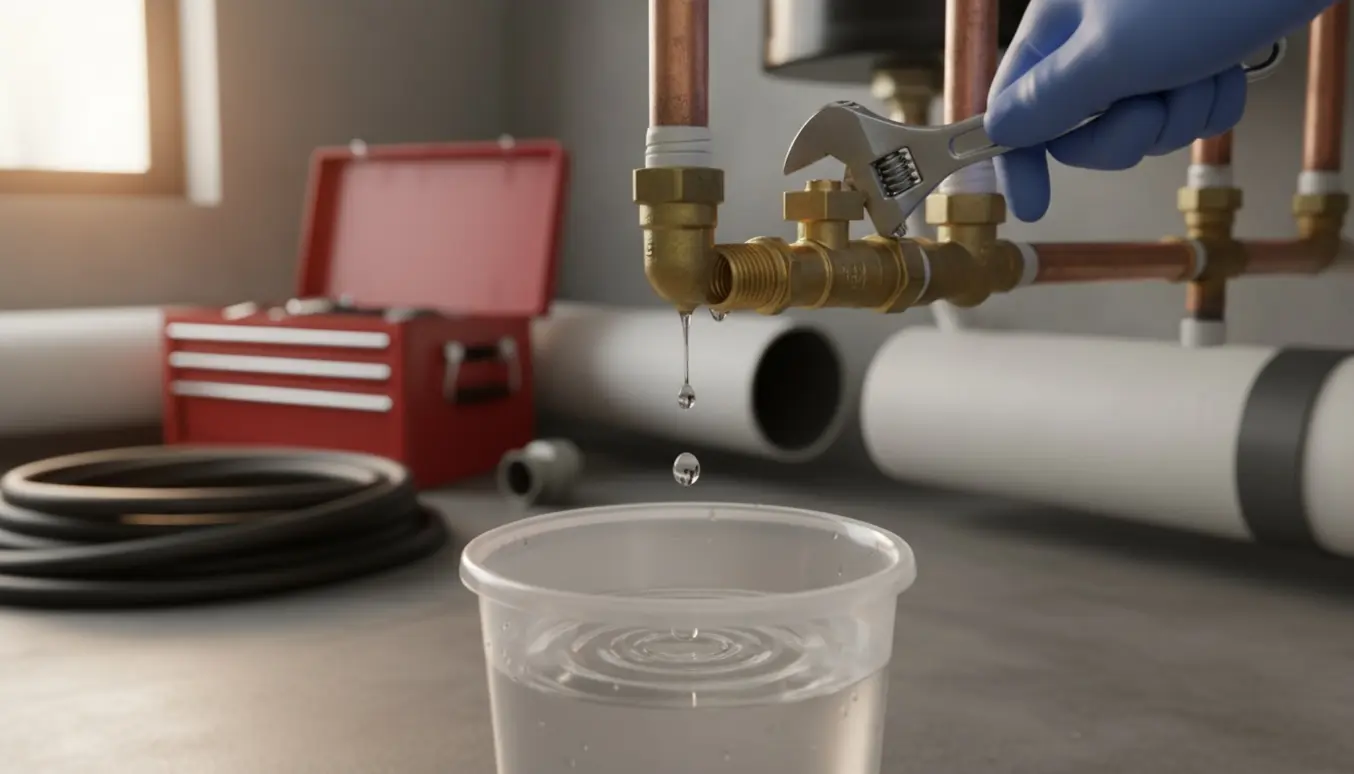 Nærbillede af en dryppende varmeveksler med en spand under og en hånd med skruenøgle.