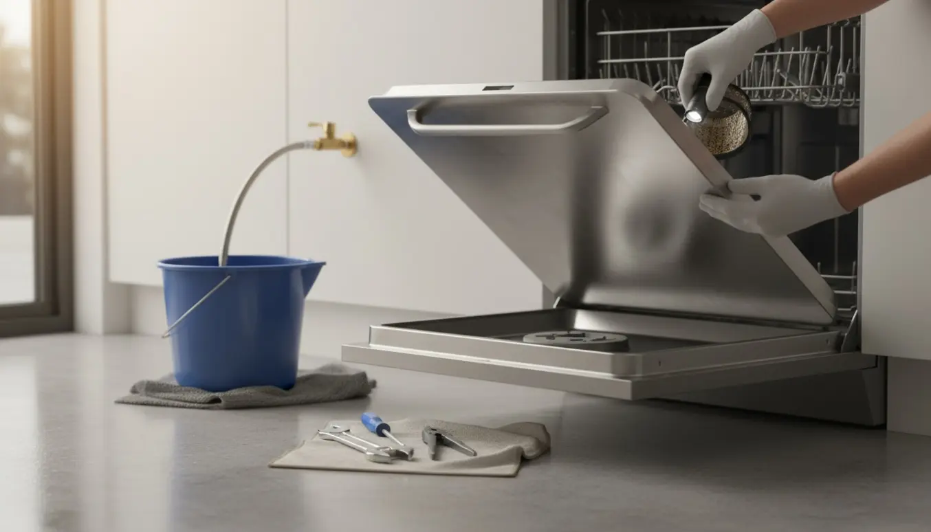 Åben opvaskemaskine med fjernet bundpanel, handskerensende hænder ved pumpens filter og afmonteret vandtilslutning over en spand.