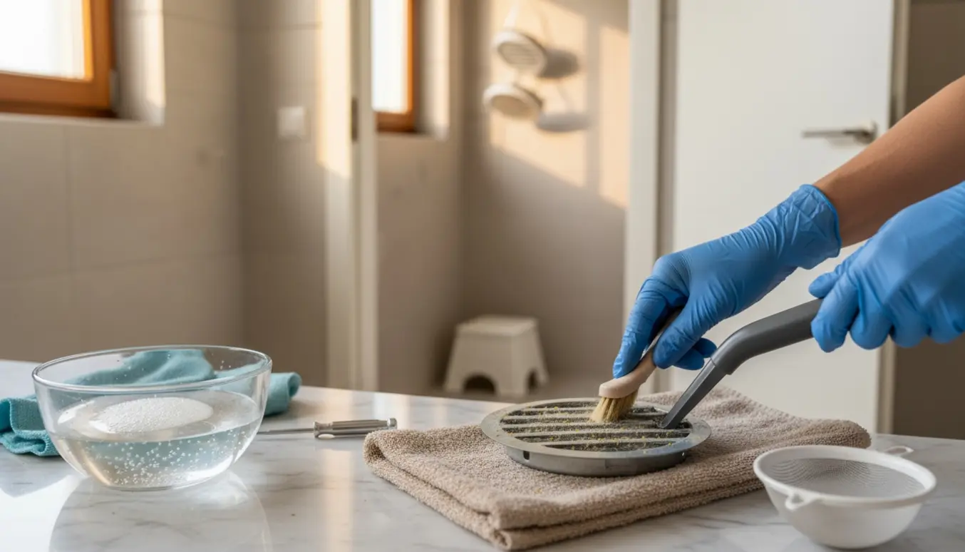 Nærbillede af en aftagelig rund ventil på et badeværelsesbord, der rengøres med handske, børste og støvsuger.