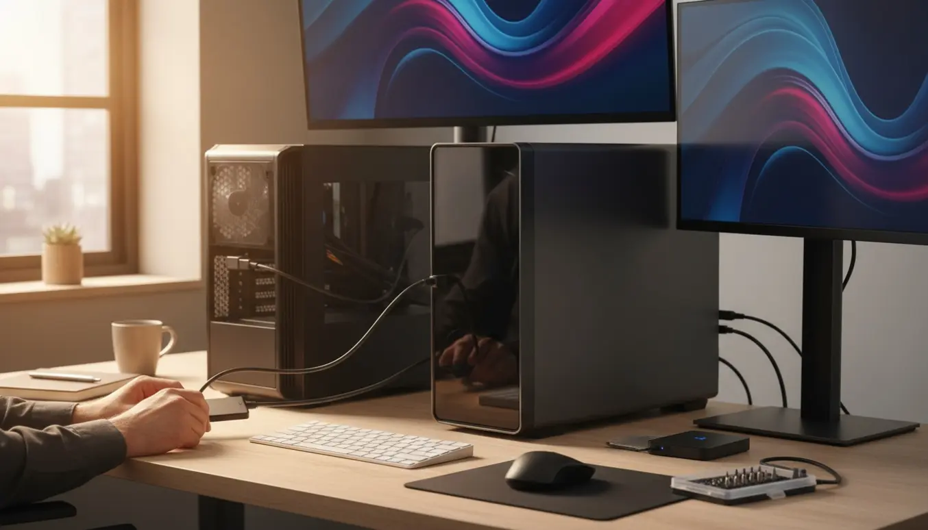 To stationære computere på et skrivebord, hvor hænder tilslutter en ekstern harddisk for at overføre data og sætte den nye computer op.