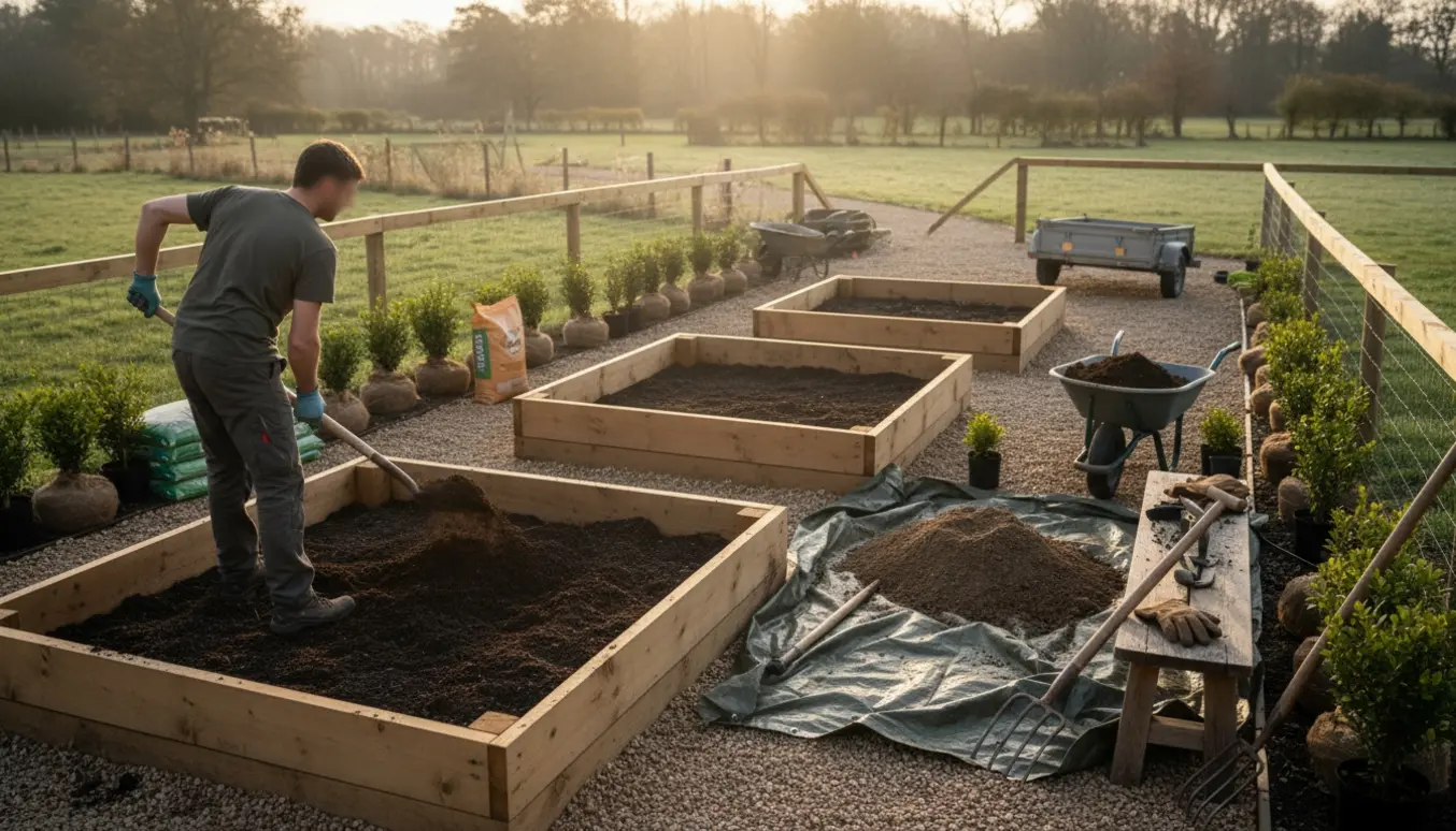 Havearbejde: nyt muld fyldes i træhøjbede med skovl, mens en række hækplanter venter på at blive sat.