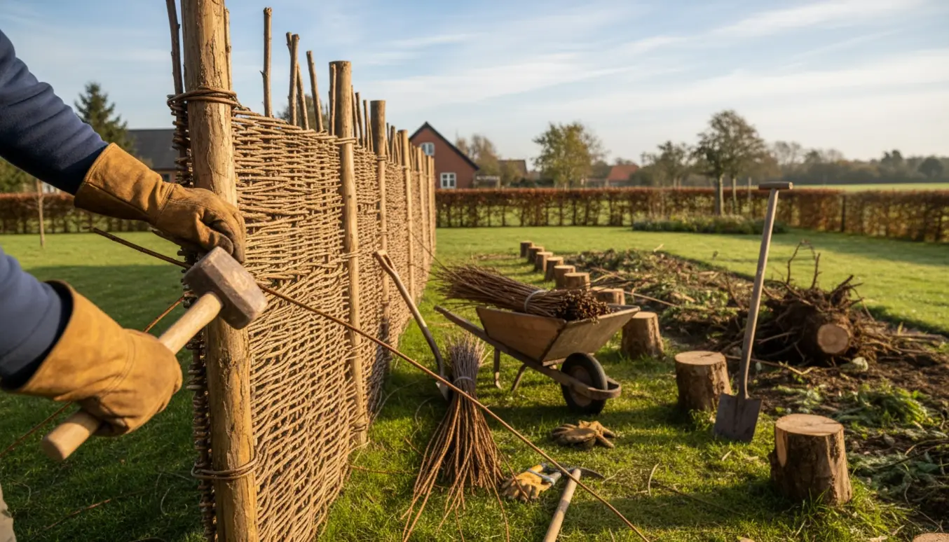 Pileflet-læhegn under opbygning med værktøj og en række små granstubbe ved siden af.