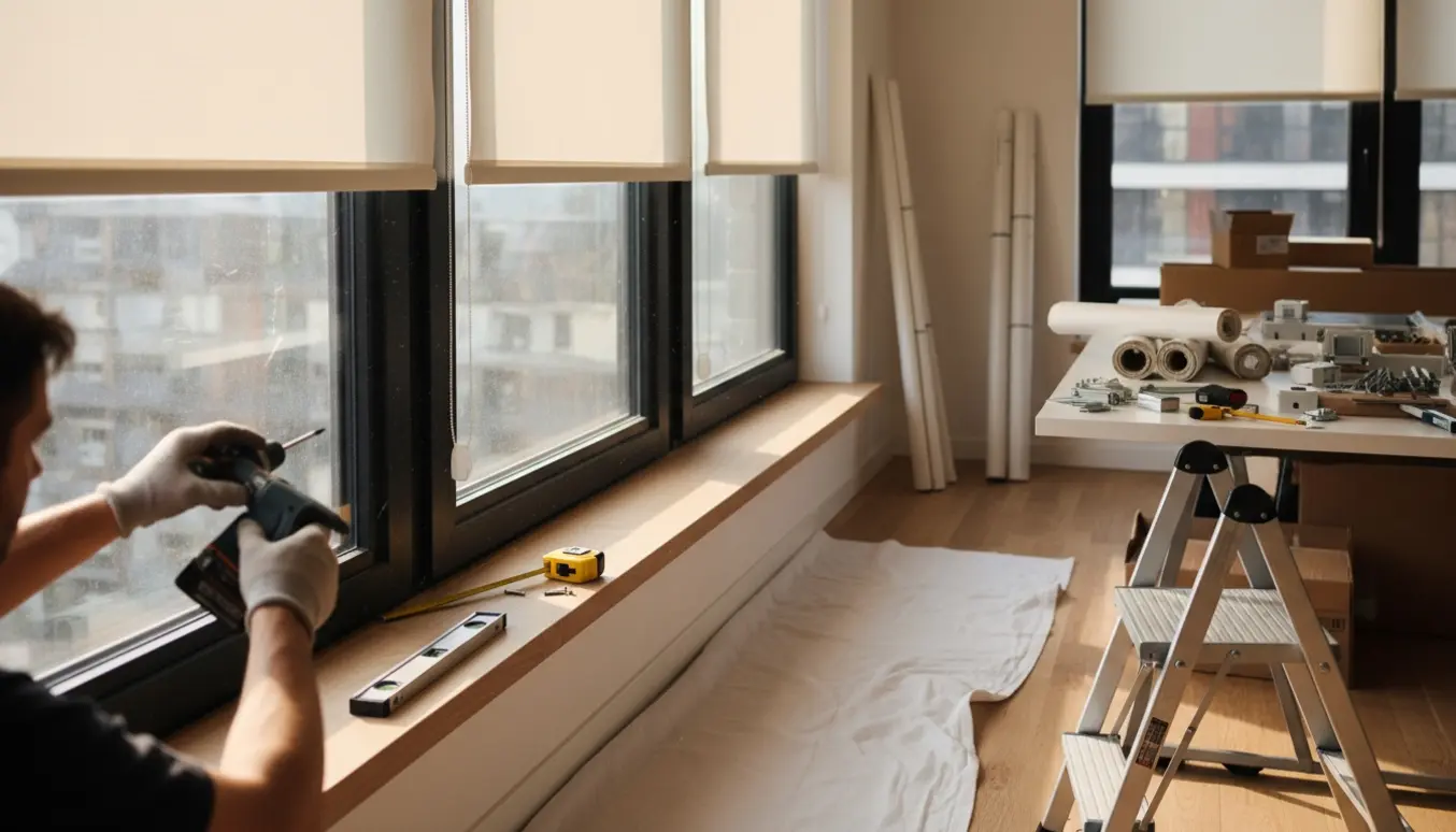 Installatør monterer touch-rullegardiner ved en række vinduer med bore-/skruemaskine og beslag.