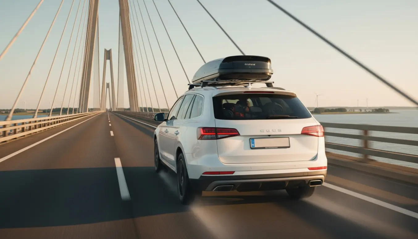 Bil kører over en lang kystbro i gyldent lys med pakket tagkasse, på vej fra Jylland til Sjælland.