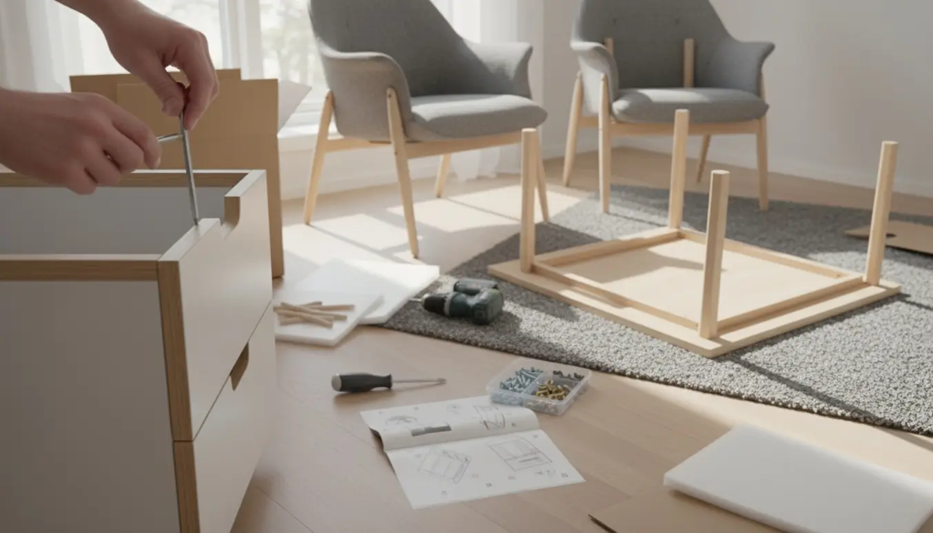 Delvist samlede Trotten-møbler og to Ekenäs-lænestole med værktøj i et lyst, skandinavisk rum.